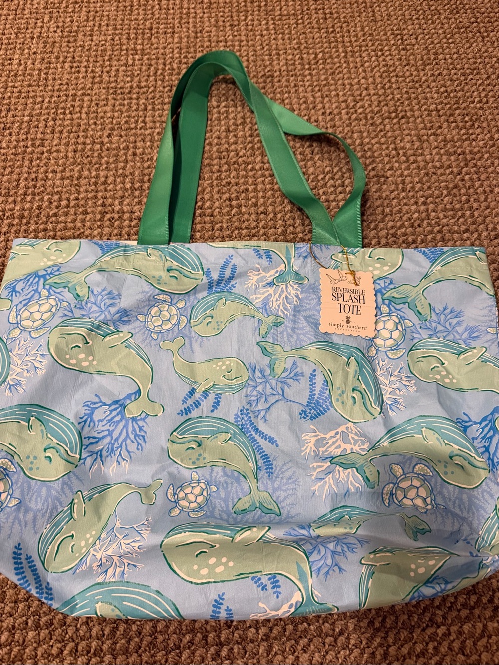 NWT Simply Southern Blue & Green Whale Splash Tote Reversible!